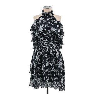 ELLIATT Dress Womens Sz XS Ruffle Mini Navy Blue Floral Cold Shoulder Whimsygoth